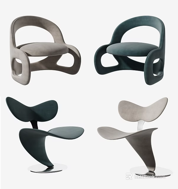 Modern Single Chair with Unique Curved Shape and Sleek Lines in Gray Dark Green Beige 3d model 