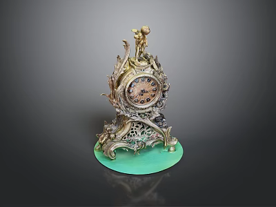 Ornate Vintage Clock With Intricate Carvings Golden Accents And Green Base 3d model