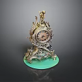 Ornate Vintage Clock With Intricate Carvings Golden Accents And Green Base