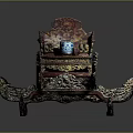 Traditional Ornate Carved Wooden Throne With Red Lacquer Golden Details And Wing Shaped Armrests