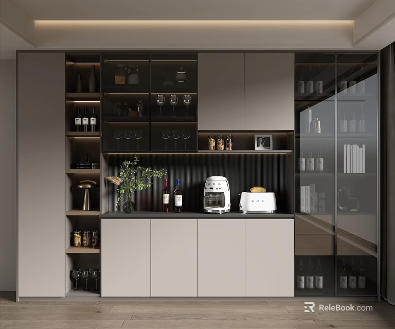 Modern Wine Cabinet With Glass Doors Wine Bottles Coffee Machine And Decorative Plants 3d model 