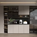 Modern Wine Cabinet With Glass Doors Wine Bottles Coffee Machine And Decorative Plants