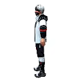 A Man With White Hair Mask In White Jacket Black Sleeves Patterned T-shirt Black Pants