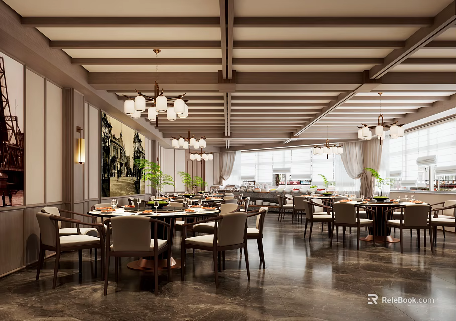Spacious Modern Banquet Hall Interior With Elegant Tables Chairs Chandeliers And Marble Floor 3d model 