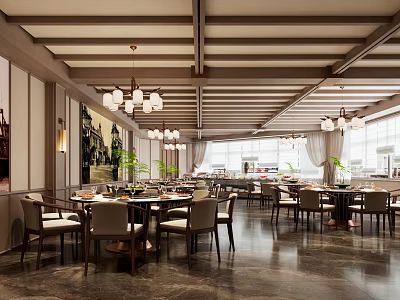 Spacious Modern Banquet Hall Interior With Elegant Tables Chairs Chandeliers And Marble Floor 3d model