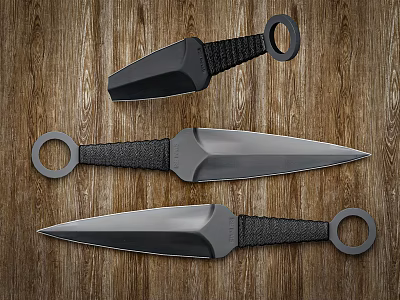 Sports Equipment Throwing Knives Set With Black Handles And Metal Blades On Wooden Surface 3d model