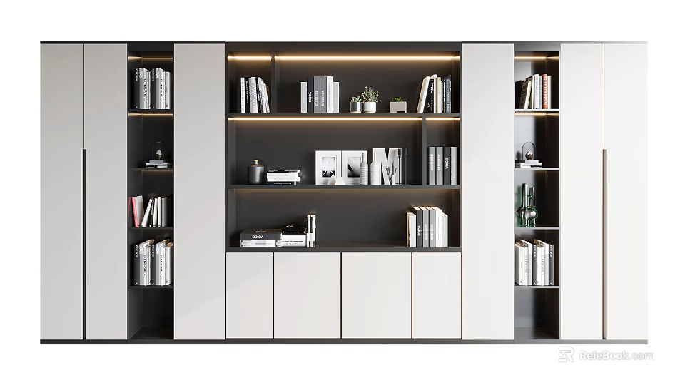 Modern Bookcase Interior Design With LED Lighting Books Decorative Items And Photo Frames 3d model 