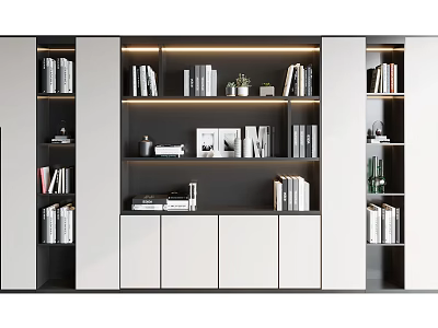 Modern Bookcase Interior Design With LED Lighting Books Decorative Items And Photo Frames 3d model