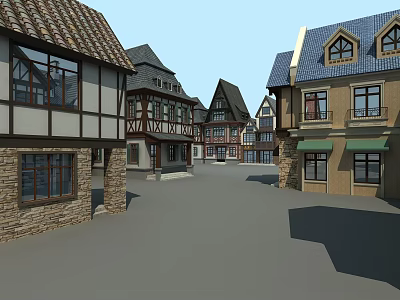European Style Commercial Street with Stone Buildings Various Roofs and Shop Awnings 3d model