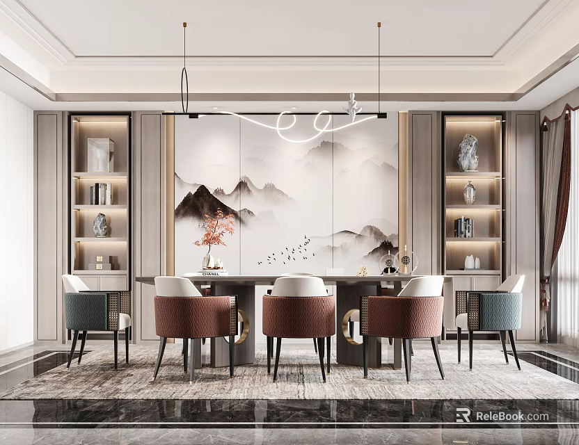 Traditional Chinese Restaurant Interior With Dining Table Chairs Pendant Lights Landscape Painting And Shelves 3d model 