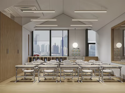 Modern School Classroom Design With Wooden Elements Large Windows Desks Chairs And City View 3d model