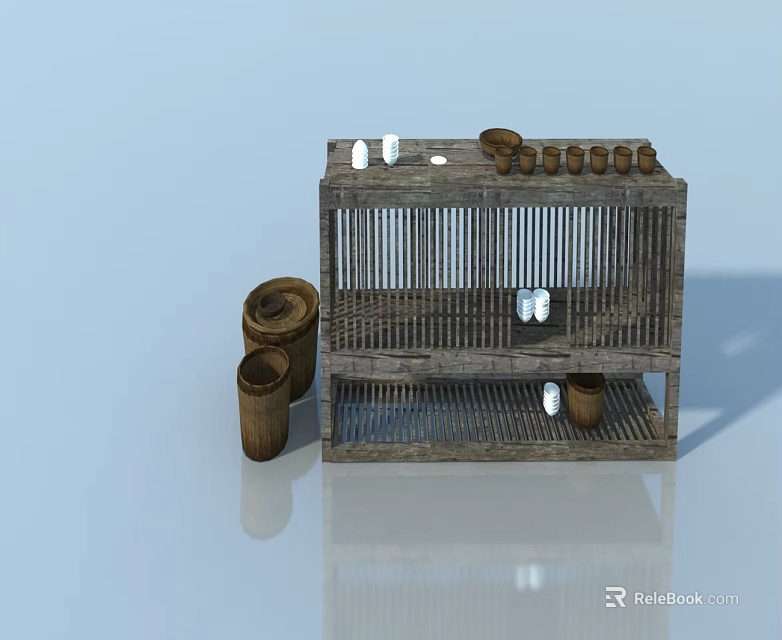 Wooden Swing Door Design With Frame Structure And Decorative Barrels 3d model 