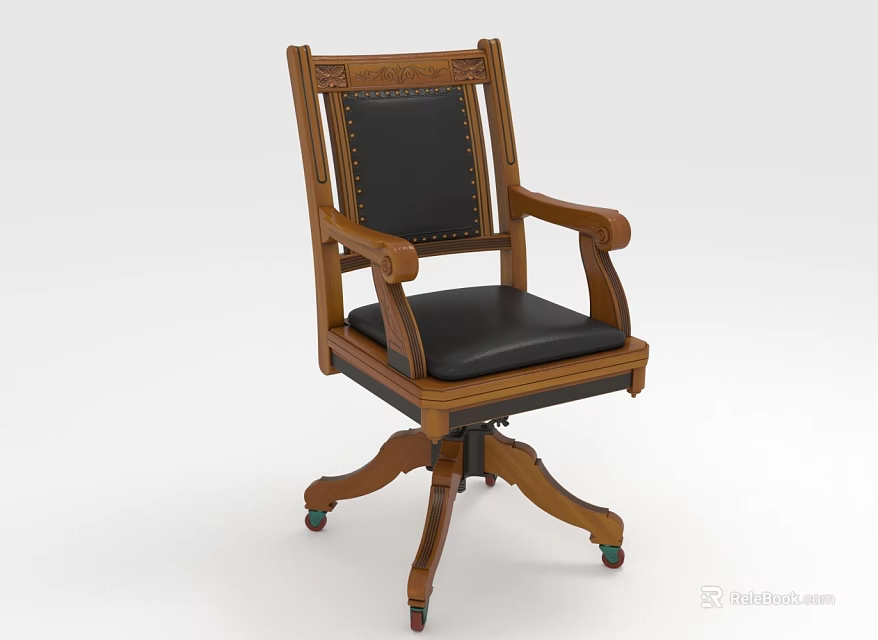 Classic Wooden Frame Office Chair With Armrests Black Leather Seat Backrest And Swivel Base Wheels 3d model 