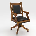 Classic Wooden Frame Office Chair With Armrests Black Leather Seat Backrest And Swivel Base Wheels