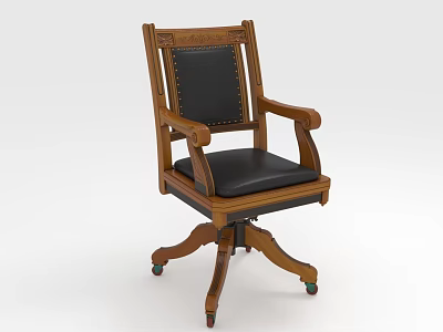 Classic Wooden Frame Office Chair With Armrests Black Leather Seat Backrest And Swivel Base Wheels 3d model