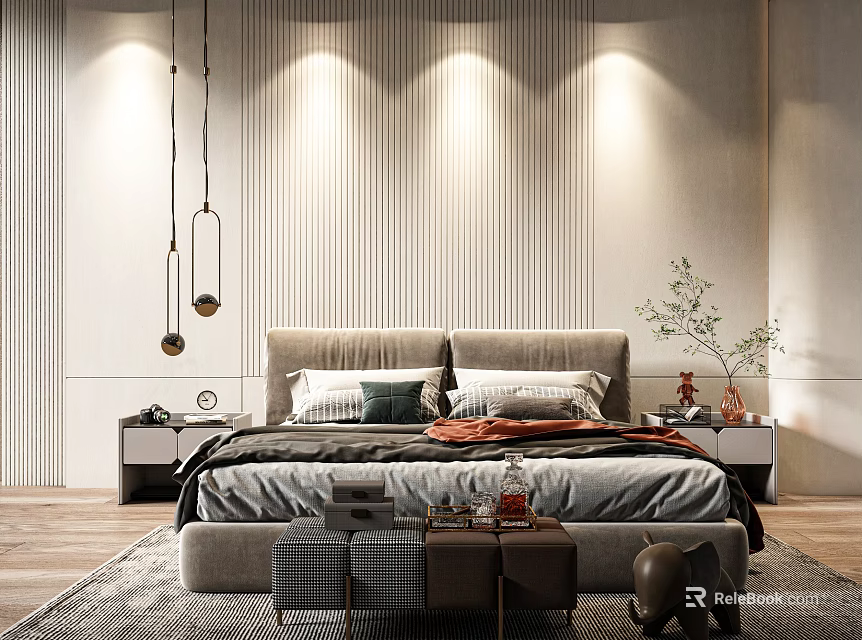 Double Bed Modern Bedroom Interior With Grey Headboard Striped Wall Soft Lighting And Potted Plant 3d model 