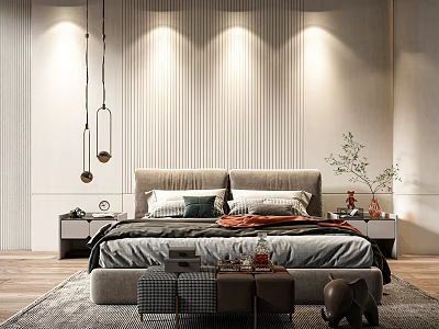 Double Bed Modern Bedroom Interior With Grey Headboard Striped Wall Soft Lighting And Potted Plant 3d model