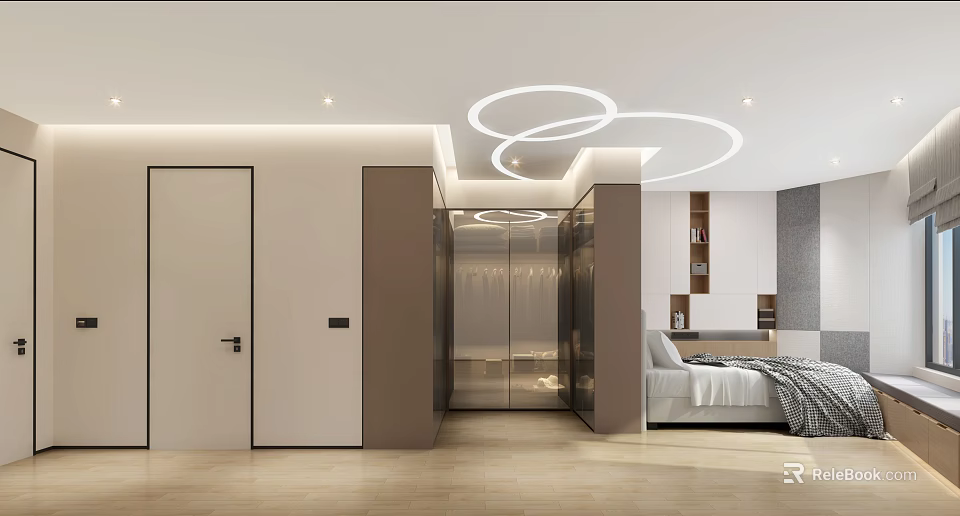 Modern Hotel Room Interior With Open Layout Circular Ceiling Lighting And Wooden Flooring 3d model 