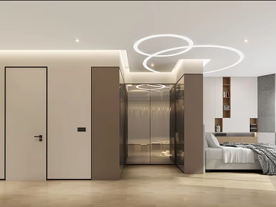 Modern Hotel Room Interior With Open Layout Circular Ceiling Lighting And Wooden Flooring 3d model