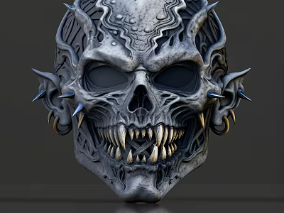 Intricate Spiked Skull Design With Sharp Teeth And Metallic Earrings 3d model