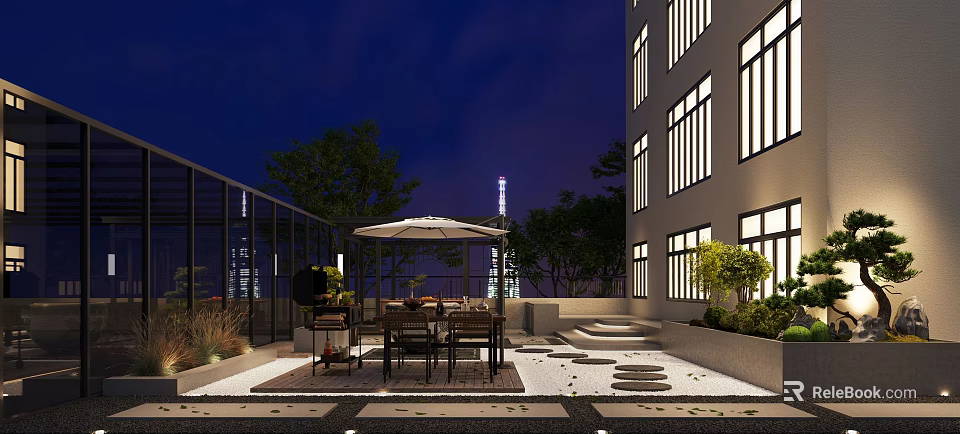 Garden Landscape Design For Evening Terrace With Dining Umbrella And Building Lighting 3d model 