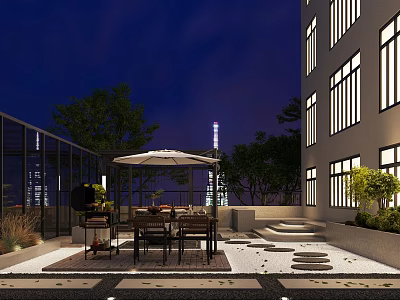 Garden Landscape Design For Evening Terrace With Dining Umbrella And Building Lighting 3d model