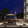 Garden Landscape Design For Evening Terrace With Dining Umbrella And Building Lighting