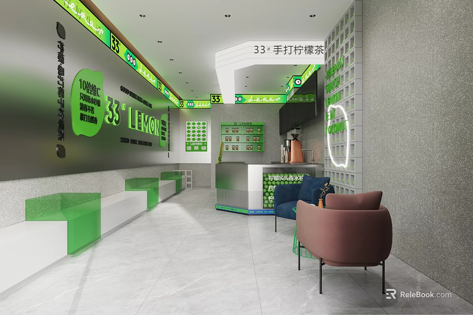 Modern Lemon Tea Shop Interior With Handmade Lemon Tea Green Decor Seating Area And Counter 3d model 