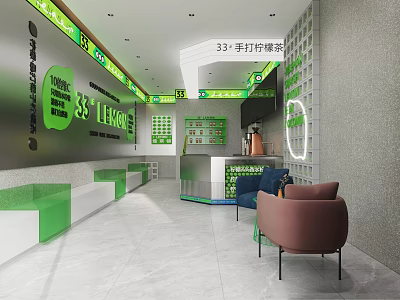 Modern Lemon Tea Shop Interior With Handmade Lemon Tea Green Decor Seating Area And Counter 3d model