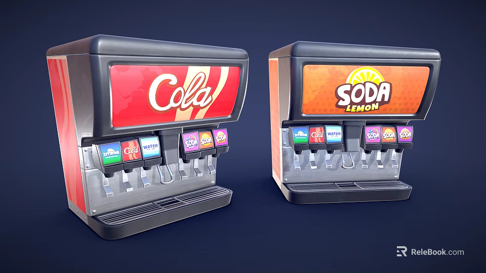 Industrial Commercial Beverage Dispensers With Multiple Flavor Nozzles And Brand Logos 3d model 