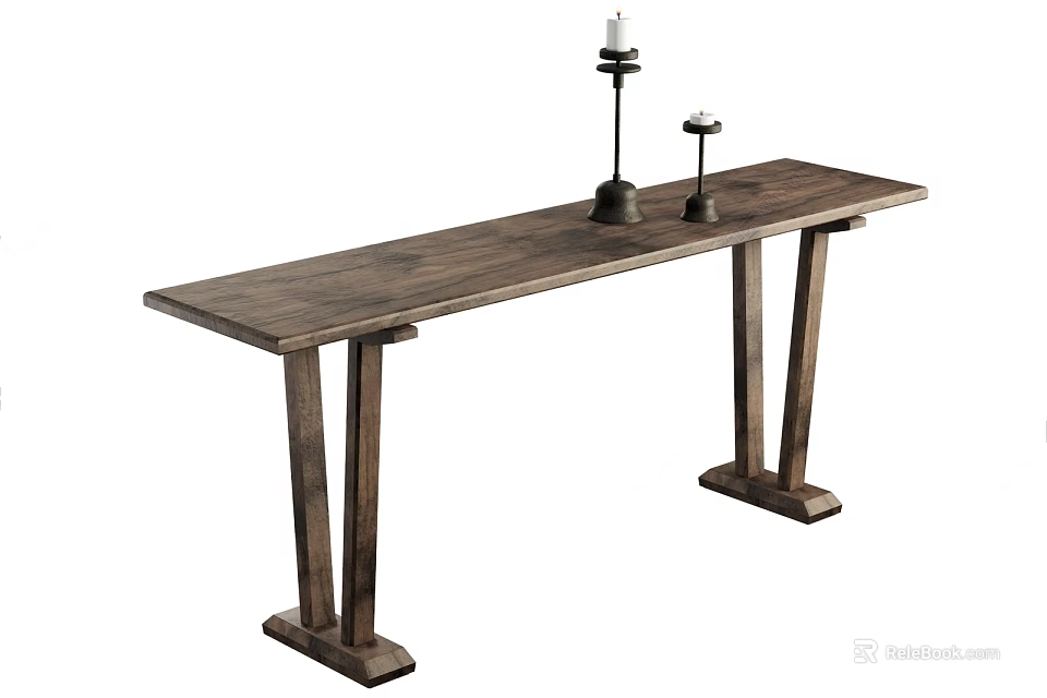 Wooden Console Table With Long Rectangular Top Sturdy Legs And Decorative Candle Holders 3d model 