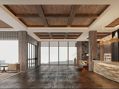 Rustic Modern Hotel Lobby Interior Design Featuring Wooden Ceiling Large Glass Windows And Sofa Area 3d model