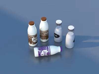 White Bottled Drinks With Brown And White Caps And Decorative Labels On Blue Surface 3d model