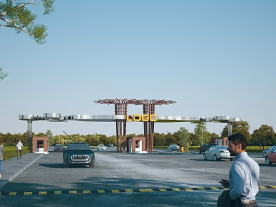 Community Entrance Gate With Logo Sign Vehicles Passing And Green Trees Under Clear Blue Sky 3d model