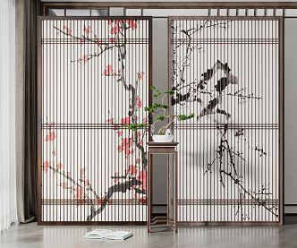 New Chinese-style solid wood plum blossom partition 3d model