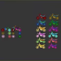 Colorful Motorcycle Models with Black Wheels in Blue Green Orange Red Yellow Arranged in Rows