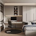 Modern Tatami Bedroom Interior With Desk Computer Built in Cabinets And Open Shelves