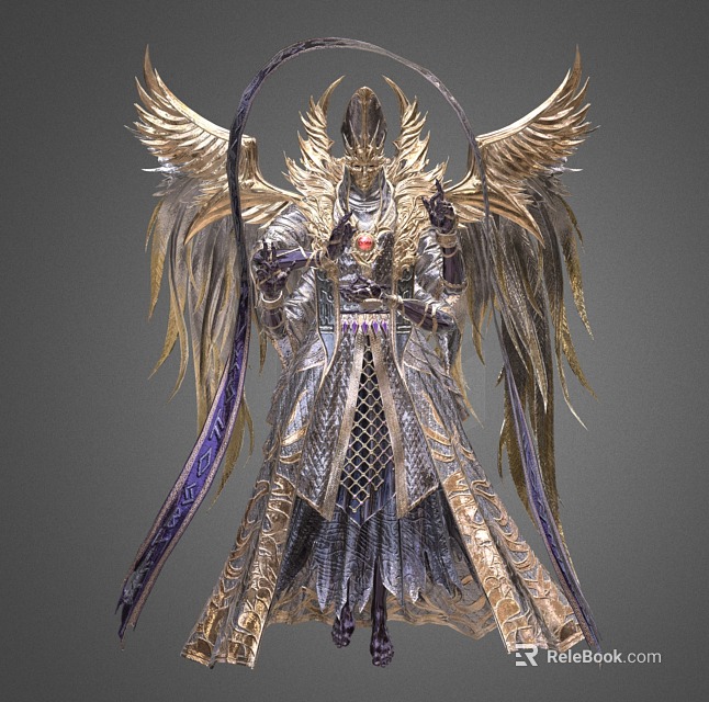 Celestial Mythical Game Movie Character With Golden Wings Ornate Armor And Purple Ribbons 3d model 