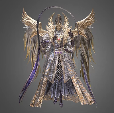 Celestial Mythical Game Movie Character With Golden Wings Ornate Armor And Purple Ribbons 3d model