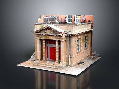 Architectural Model Of Small Building With Red Door Stone Steps And Decorative Items On Roof 3d model