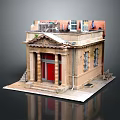 Architectural Model Of Small Building With Red Door Stone Steps And Decorative Items On Roof