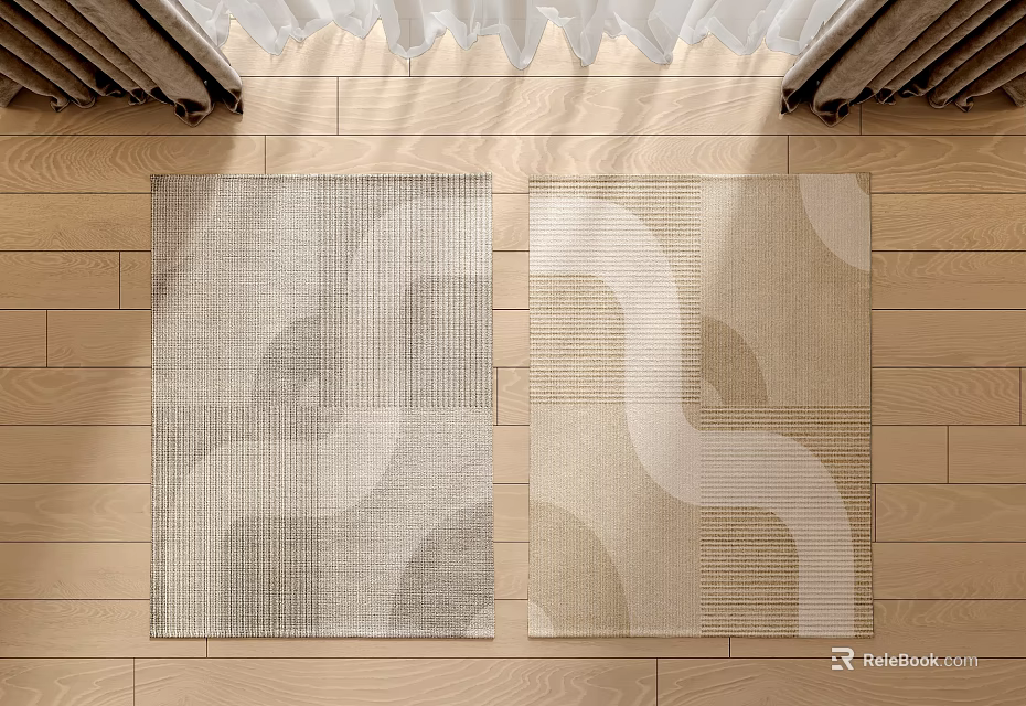 Two Neutral Textured Square Rugs With Abstract Curved Patterns On Wooden Floor 3d model 