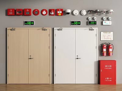 White And Wooden Double Doors With Fire Safety Equipment And Alarms 3d model