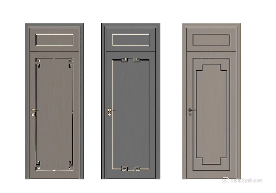 Three Modern Interior Swing Doors Featuring Various Panel Patterns And Gray Finishes 3d model 