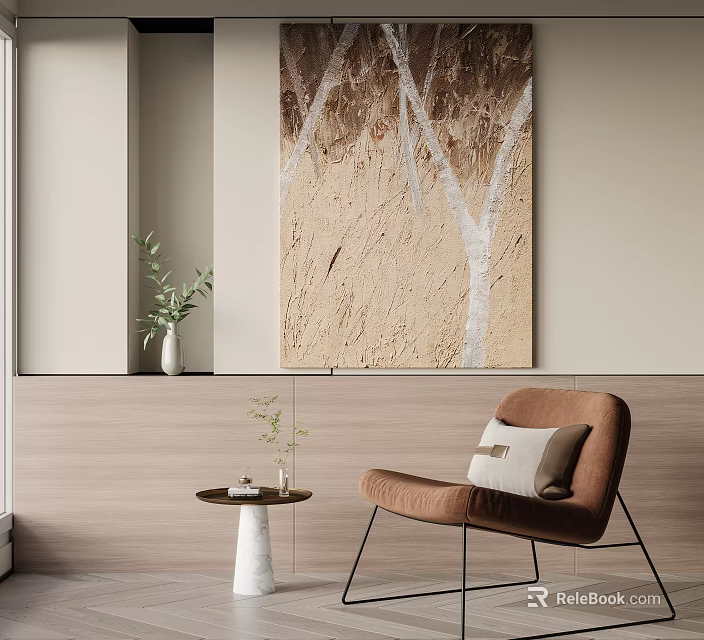 Modern Minimalist Interior Corner With Brown Chair Side Table And Art Painting 3d model 