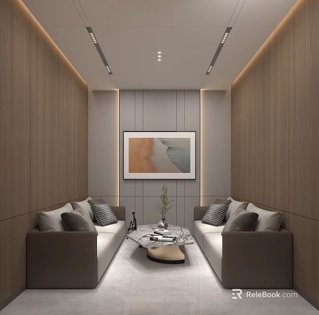 Modern SPA Sauna Interior With Wooden Walls Gray Sofas And Seascape Painting 3d model 