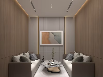 Modern SPA Sauna Interior With Wooden Walls Gray Sofas And Seascape Painting 3d model