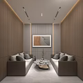 Modern SPA Sauna Interior With Wooden Walls Gray Sofas And Seascape Painting