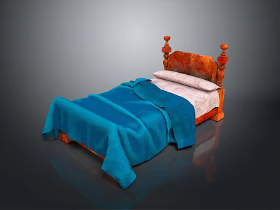 Classic Wooden Bed With Blue Blanket And White Pillow In Bedroom Decor 3d model