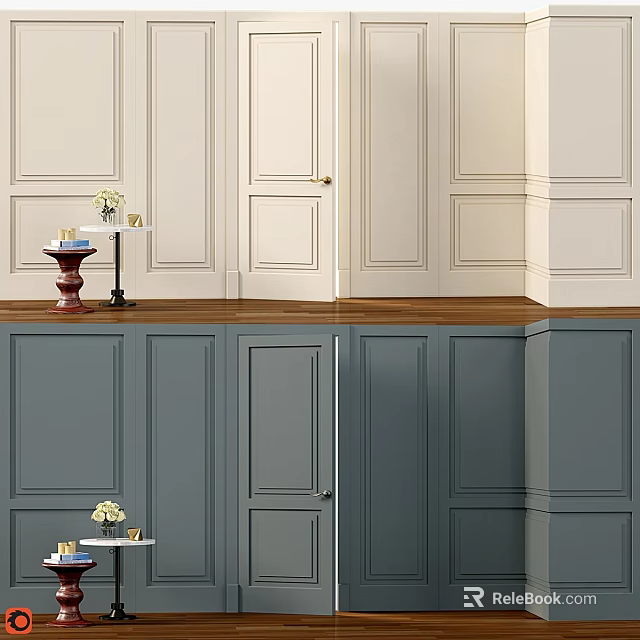 Modern Kitchen Interior With Paneled Walls Gray Cabinets And Wooden Countertop 3d model 